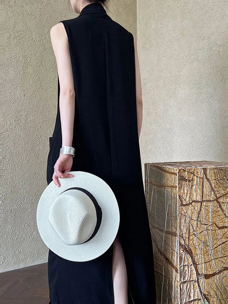 Pockets with Draped Sleeveless Dress Elegant Midi FashionChic