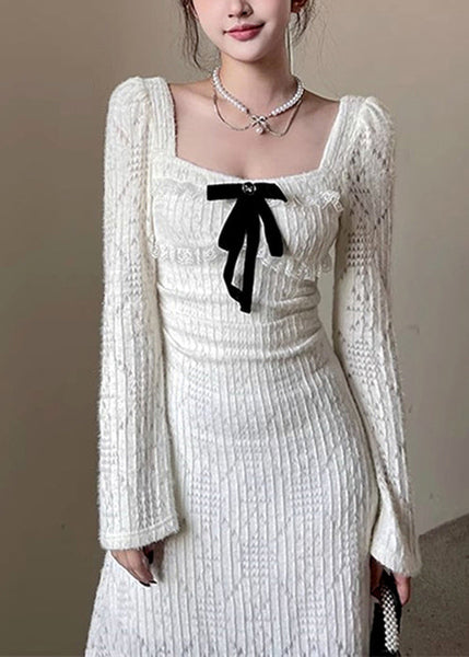 Dresses Hollow Square White Cotton Long Collar Spring Out Elegant FashionChic