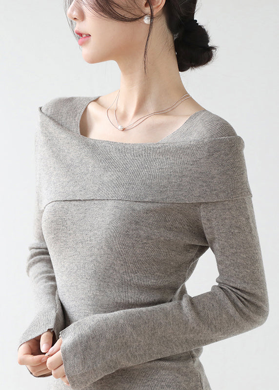 French Grey Slash Neck Patchwork Slim Fit Knit Sweaters Winter RV031 ABC