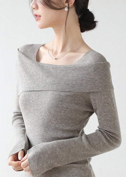 French Grey Slash Neck Patchwork Slim Fit Knit Sweaters Winter RV031 ABC