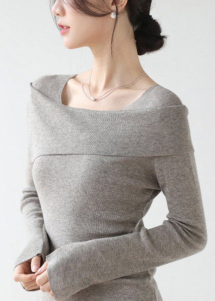 French Grey Slash Neck Patchwork Slim Fit Knit Sweaters Winter RV031 ABC