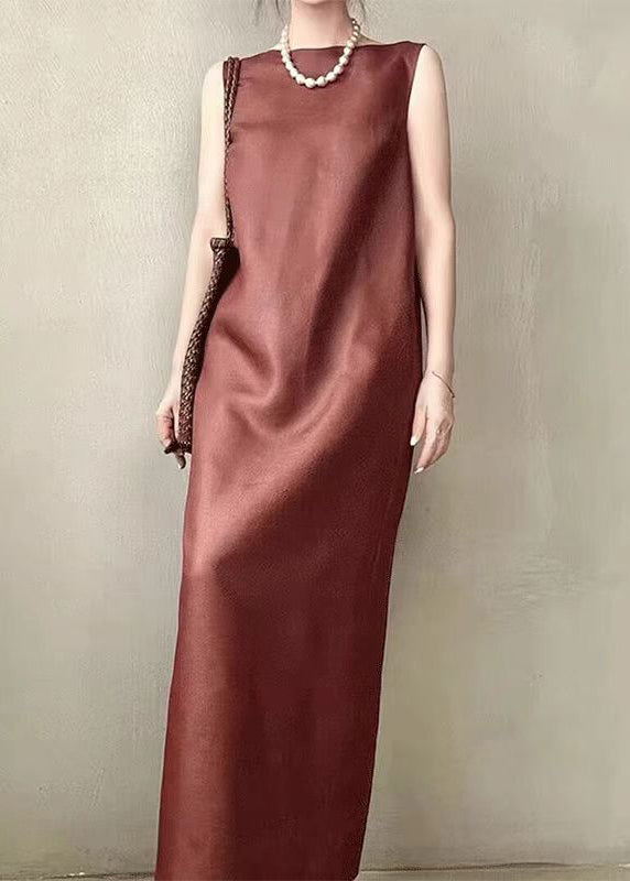 Open Side Sleeveless Long Back Elegant Red Dress Pockets Silk FashionChic
