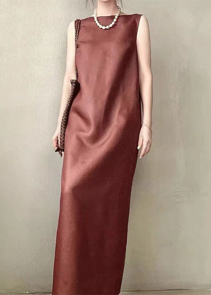Open Side Sleeveless Long Back Elegant Red Dress Pockets Silk FashionChic