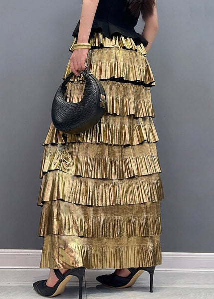 Stylish Gold High Waist Layered Wrinkled Skirts Summer AO1003 JDML-SKTS240909