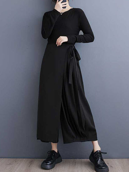 Stylish Black Elasticity High Waisted Asymmetric Tied Patchwork Pleated Ninth Pants WS015 shopify