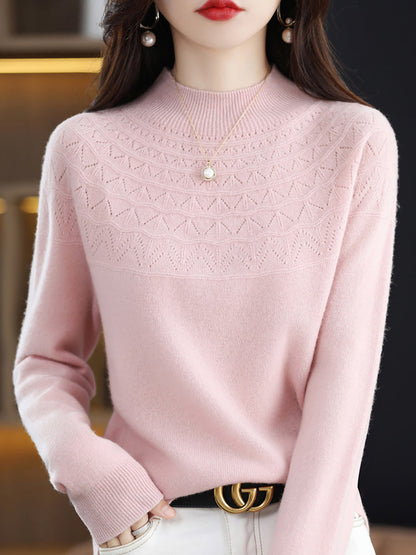Women Autumn Solid Cable Knit 100%Wool Half Turtleneck Sweater QN017 BK