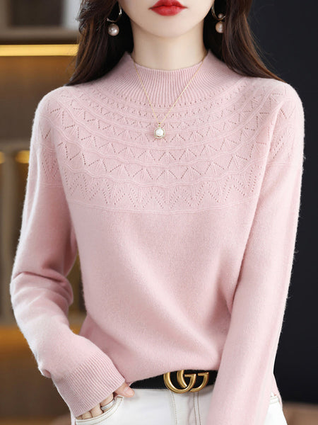 Women Autumn Solid Cable Knit 100%Wool Half Turtleneck Sweater QN017 BK