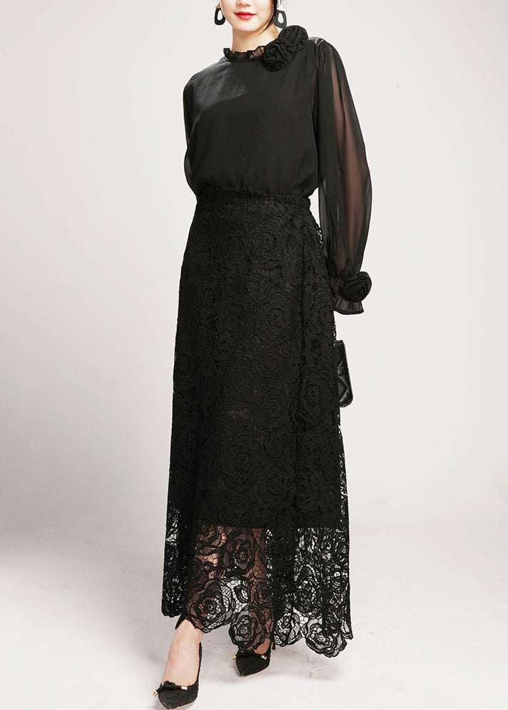 Black Lace Shirts And Maxi Skirts Two Pieces Set V Neck Long Sleeve AO1042 JDML-TPIEC240909