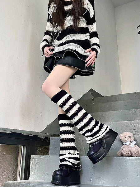 Knitted 3 Colors Design Cut-out Leg Warmers Striped Pattern FashionChic