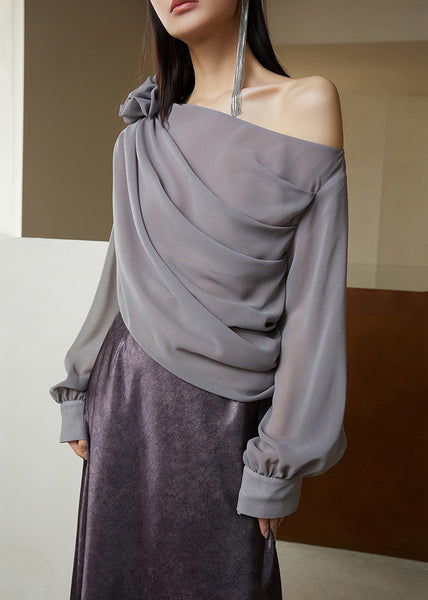 Chiffon Asymmetrical Fashion Sleeve Long Solid Grey Shirt FashionChic