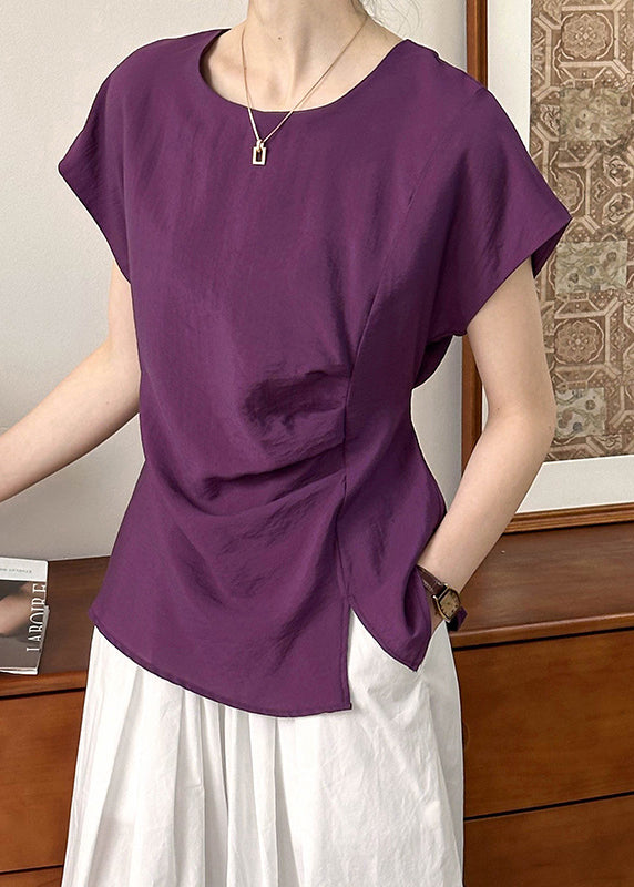 Simple Purple O Neck Front Open CottonTops Short Sleeve AF1086 HS-STP240914