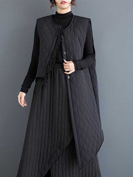 Casual Black Round-Neck Asymmetric Buttoned Quilted Sleeveless Padded Vest TW014 ABC