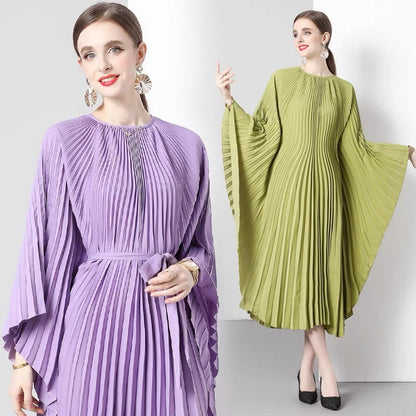 Elegant Round Neck Green Batwing Sleeve Lace-up Pleated Dress AZ1007 Genistyle Shop
