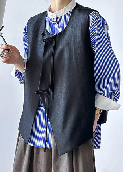 French Black Button Solid Cotton Waistcoat Sleeveless AF1088 HS-CTS240914