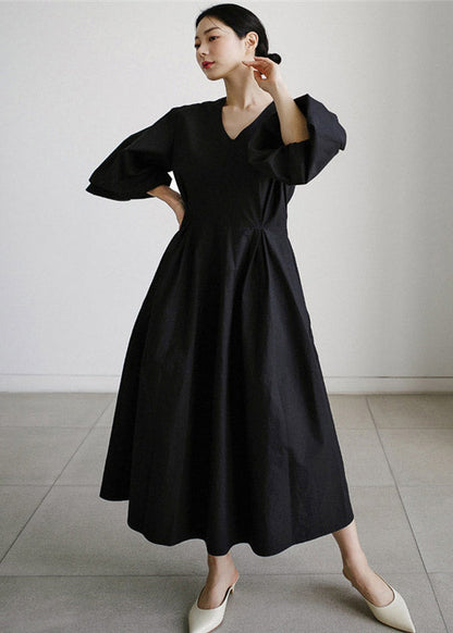 Lantern Cotton Vacation Dress Wrinkled Sleeve Black Pockets FashionChic