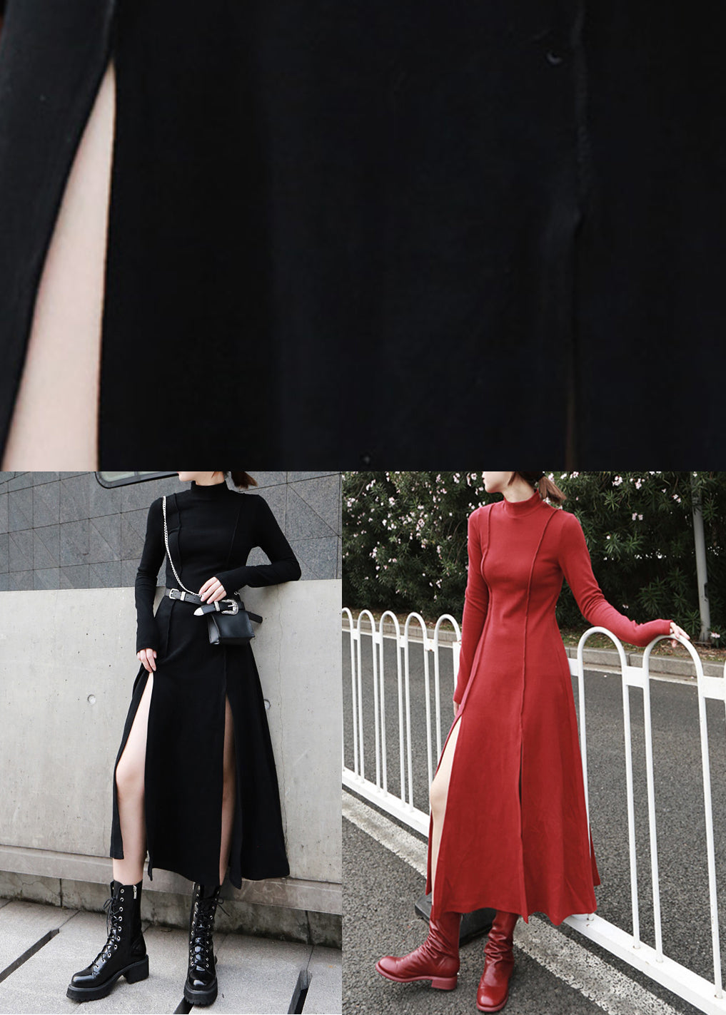 Cotton Open High Dresses Waist Spring Side Long Black FashionChic