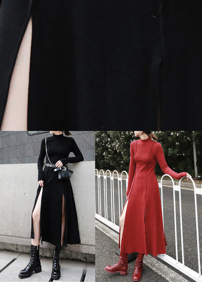 Cotton Open High Dresses Waist Spring Side Long Black FashionChic