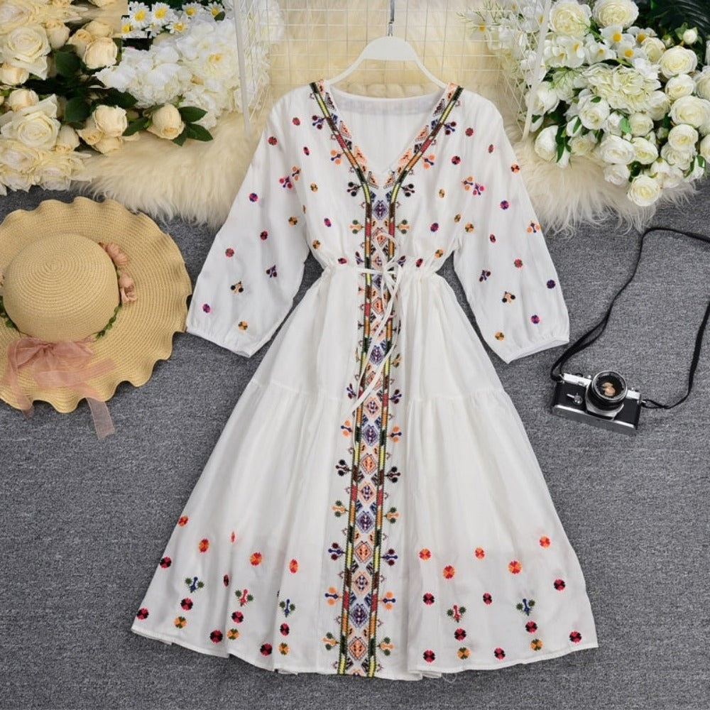 Boho White V-neck Floral Embroidery Lace-up Three-quarter Sleeves Dress AR1020 shopify