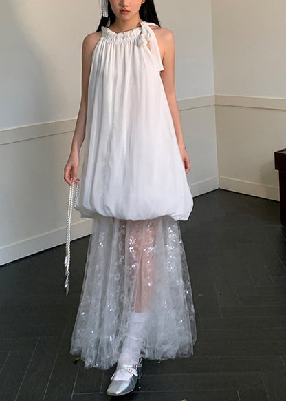 Fine White Wrinkled Patchwork Tulle Holiday Dress Sleeveless AZ1029 shopify