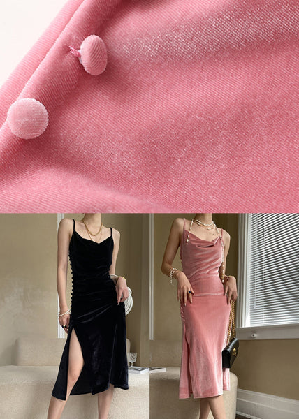 Sexy Pink Button Side Open Silk Velvet Spaghetti Strap Dress Sleeveless AF1020 HS-SDL240914