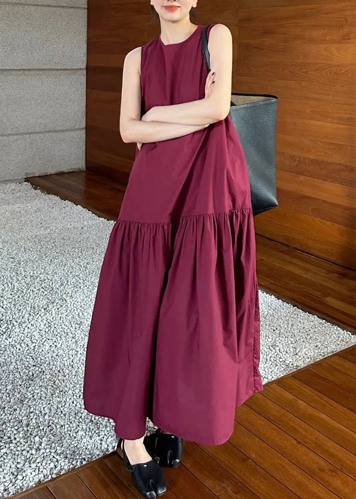 Wine Dresses Cotton Solid Pockets Long Red Wrinkled Simple FashionChic