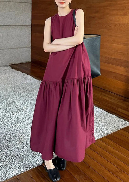 Wine Dresses Cotton Solid Pockets Long Red Wrinkled Simple FashionChic