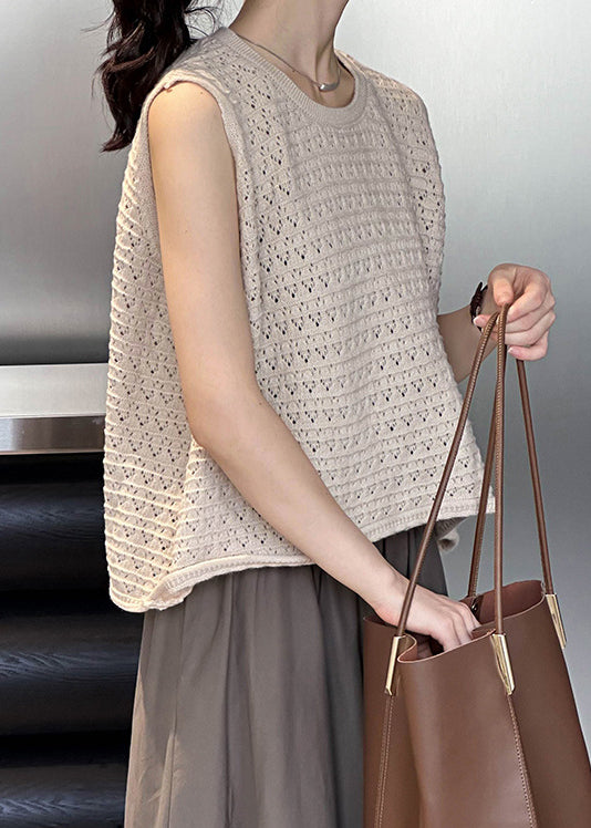 Khaki Hollow Out Cozy Loose Knit Vest O Neck Fall AF1010 HS-VTP240914