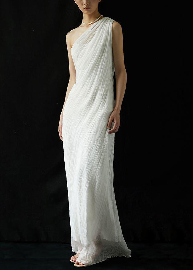 Wrinkled Solid Shoulder Dress Silk Cold Maxi Summer Art White FashionChic