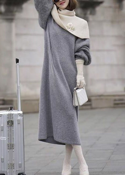 Italian Grey O Neck Woolen Sweater Dress Lantern Sleeve WV019 ABC