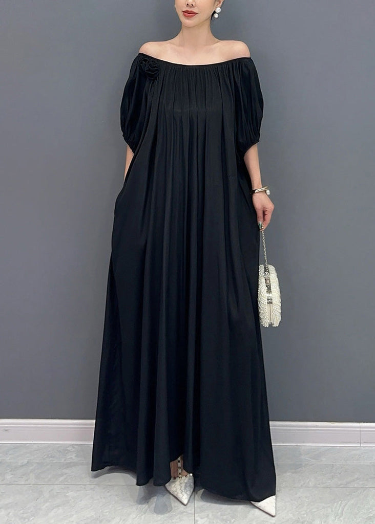 Simple Black Cold Shoulder Slash Neck Cotton Long Dress Summer AO1015 JDML-SDL240909