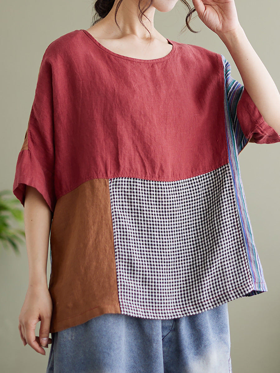 Plus Size Vintage Short Sleeve Women Patchwork Loose Shirt QW1031 Ada Fashion