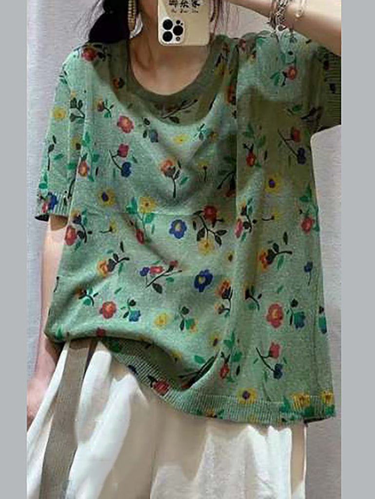 Women Casual Flower Summer Loose Pullover Shirt QW1027 Ada Fashion
