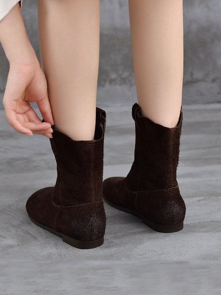 Spliced Low Boots Vintage Women Genuine Leather Heel FashionChic