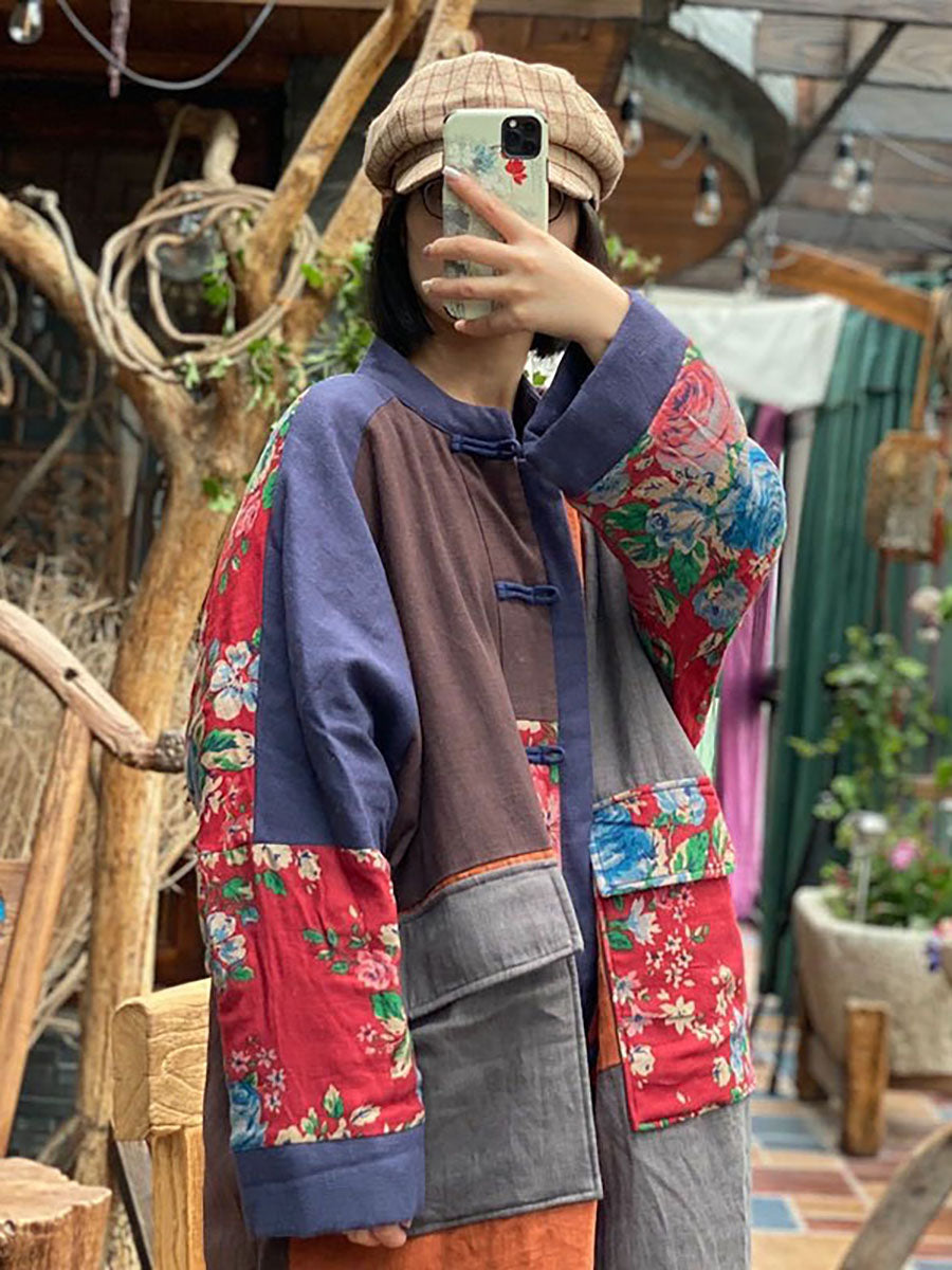 100% Cotton Stand Collar Floral Patchwork Long Coat QU014 LGN