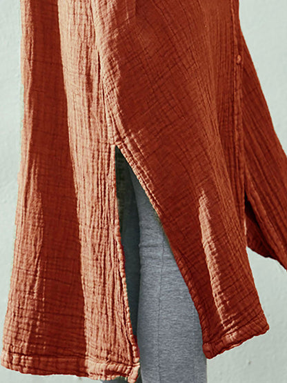 Plus Size Women Autumn Artsy Solid Button V-Neck Loose Dress AK1005 Genistyle Shop