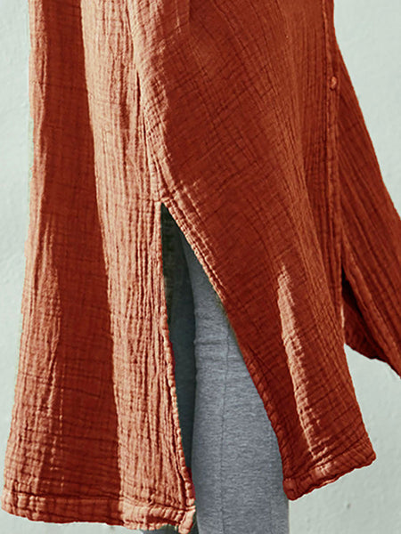 Plus Size Women Autumn Artsy Solid Button V-Neck Loose Dress AK1005 Genistyle Shop