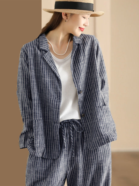 Plus Size Women Vintage Stripe Spring Linen Shirt+Pants II1057 BK