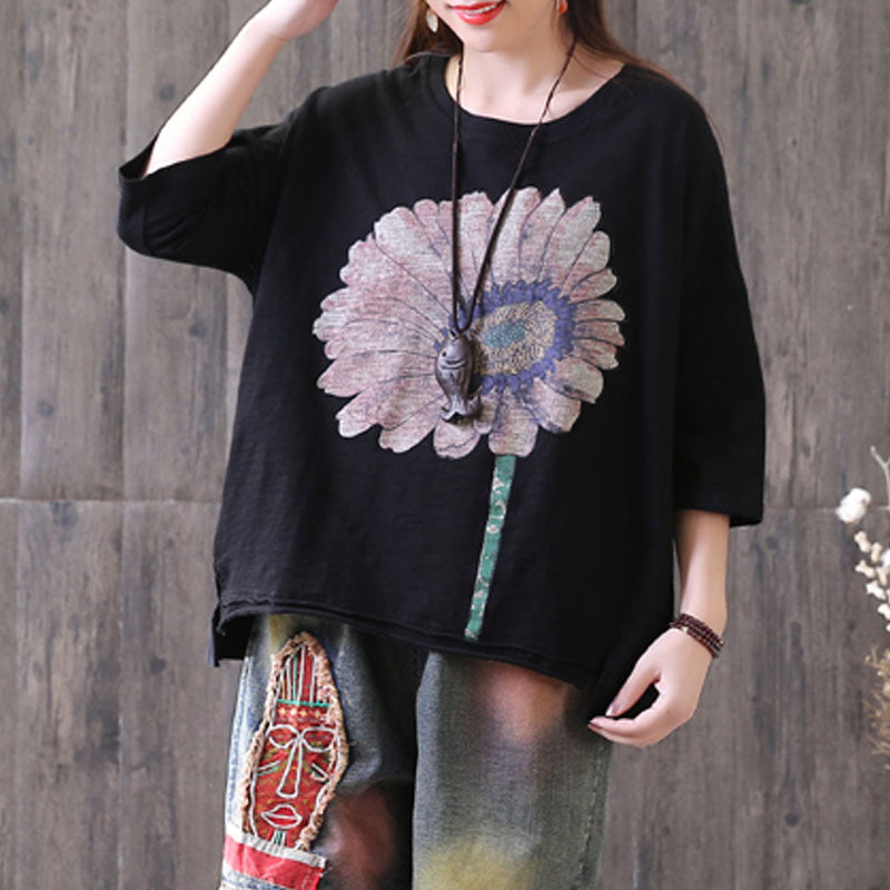 Plus Size Short Sleeve Sunflower Printed T-shirt QW1052 Ada Fashion