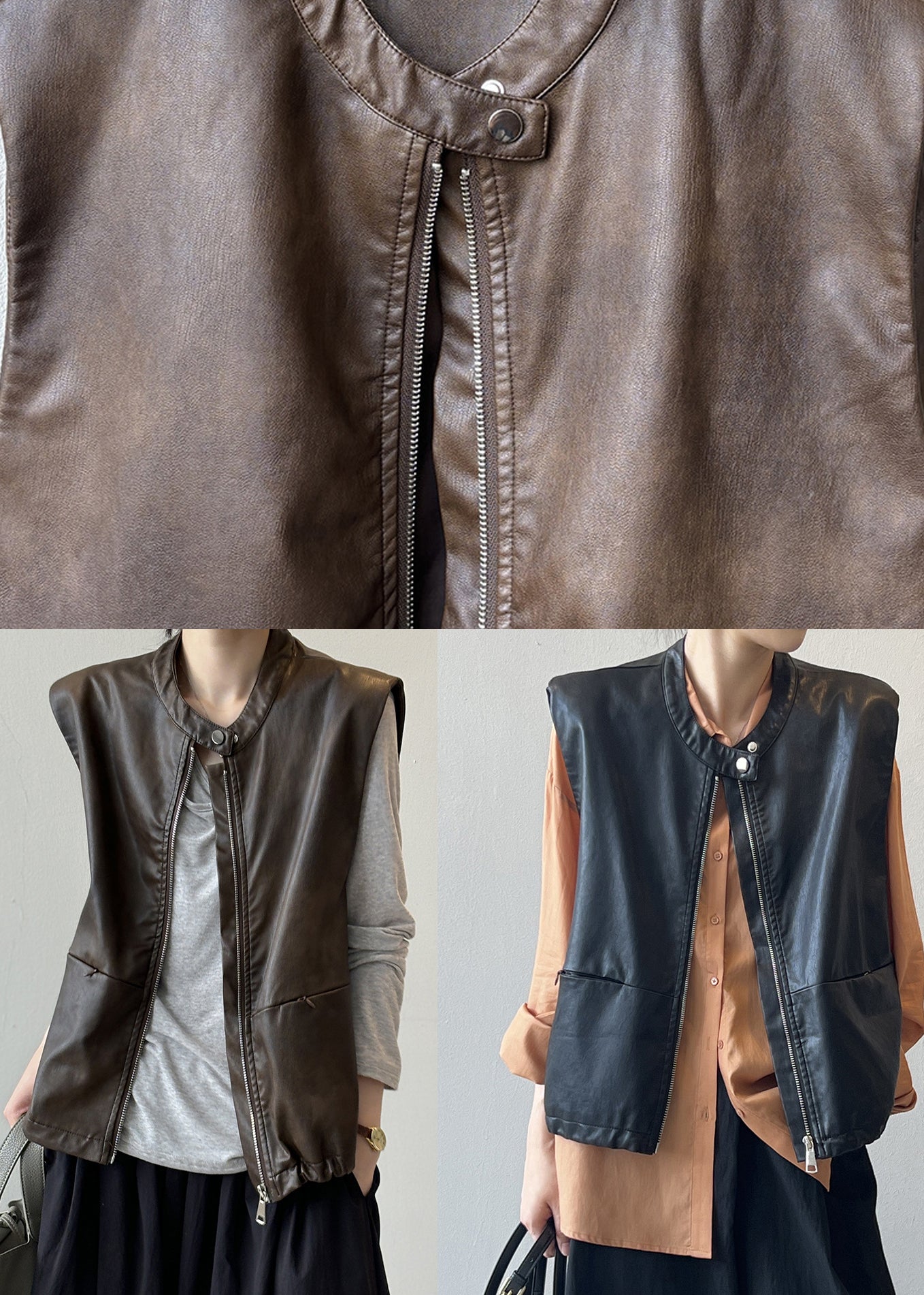 Style Coffee Zip Up Faux Leather Vest Tops Sleeveless WD014 HS-VTP241103