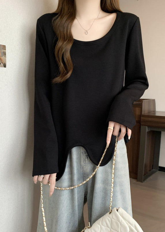 Simple Khaki O Neck Asymmetrical Design Cotton T Shirts Fall QC044 shopify