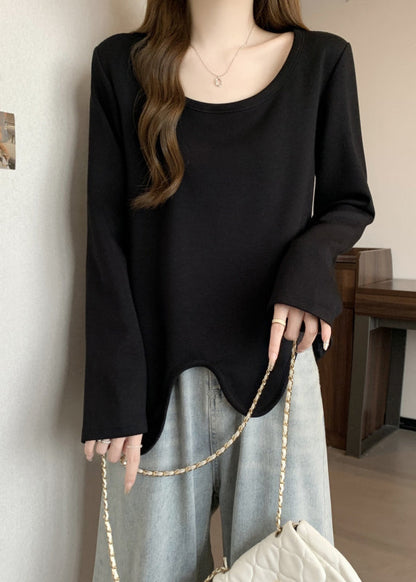 Simple Khaki O Neck Asymmetrical Design Cotton T Shirts Fall QC044 shopify