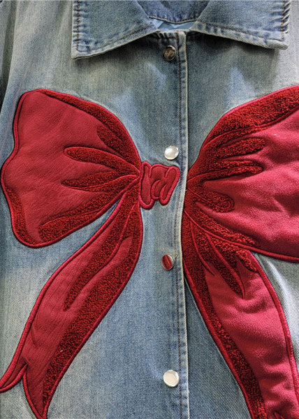 Denim Peter Pan Spring Coat New Button Collar Bow Blue FashionChic