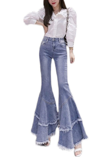 Denim Spring Stylish Tasseled Flared Patchwork Trousers Blue FashionChic