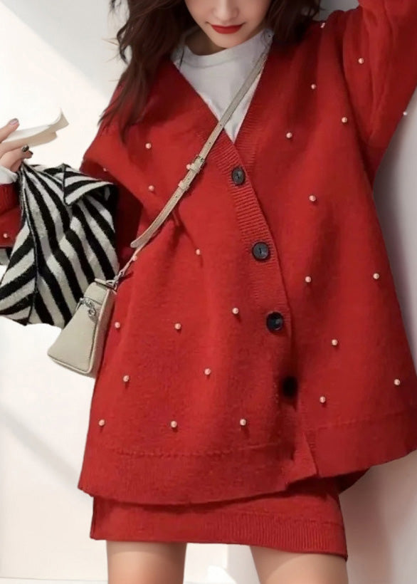 Fashion Red V Neck Nail Bead Cotton Knit Cardigan And Skirts Two Pieces Set Winter WV001 ABC