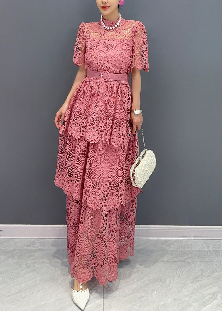 Chic Navy V Neck Sashes Hollow Out Lace Long Dresses Summer AO1013 JDML-SDL240909