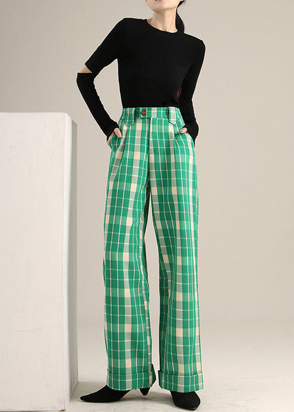 Bohemian Green Plaid high waist straight pants Spring TT1019 shopify