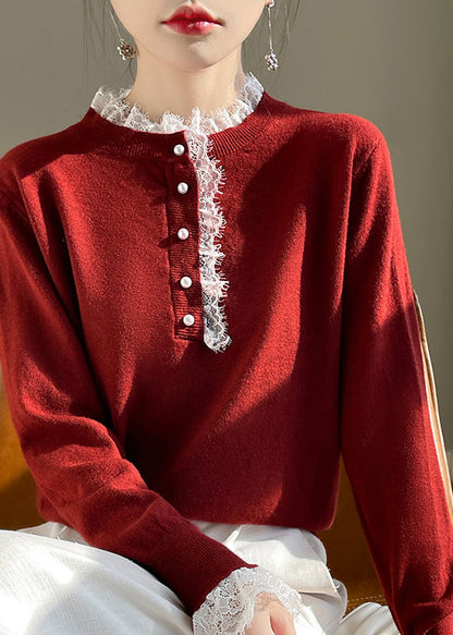Chic Red Lace Patchwork Wool Knit Sweaters Fall QP065 OL-NTP241001