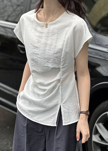 White Solid Front Open Cotton Top O Neck Summer AF1004 HS-STP240914