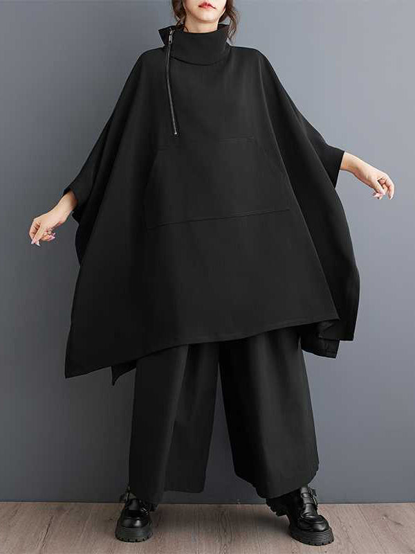 Simple Loose Black Mock Neck With Zipper Buttoned Pockets Batwing Sleeves Sweatshirt WS016 shopify