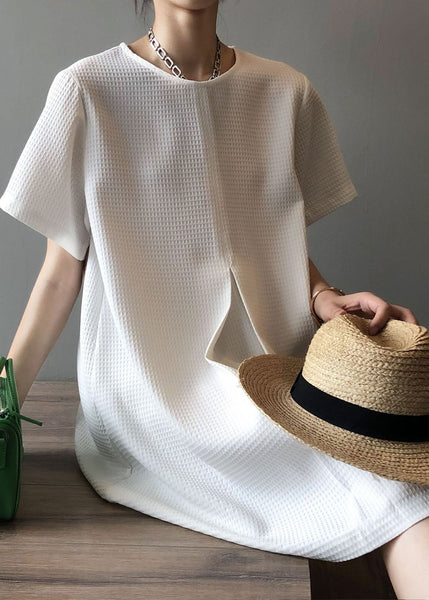 White Simple Cotton Mid Dresses O Neck Summer AF1063 HS-SDM240914